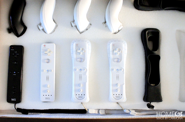 video game controller storage with foam to hold them in place