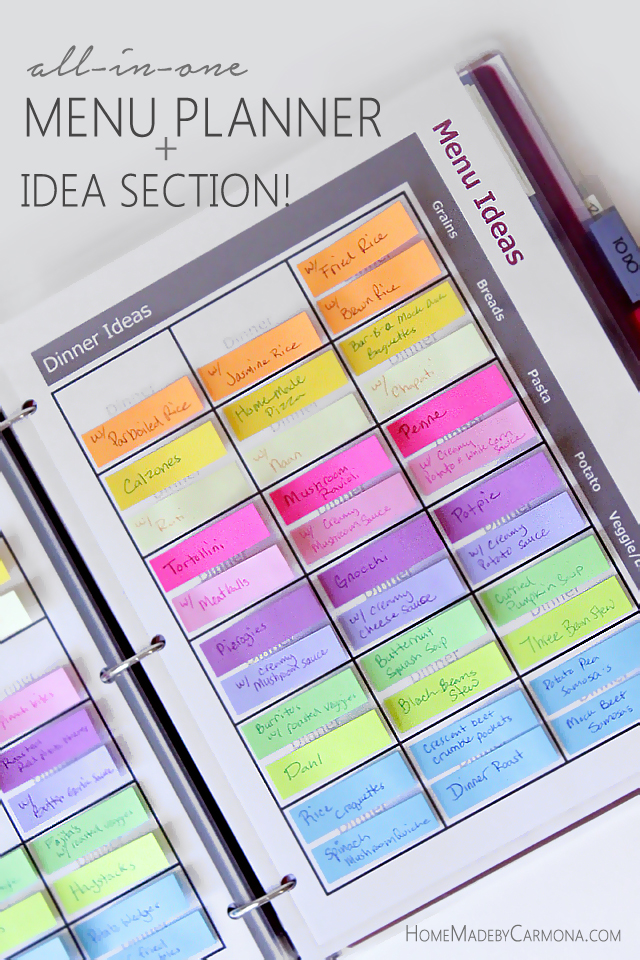 Menu planner with post-it sticky notes