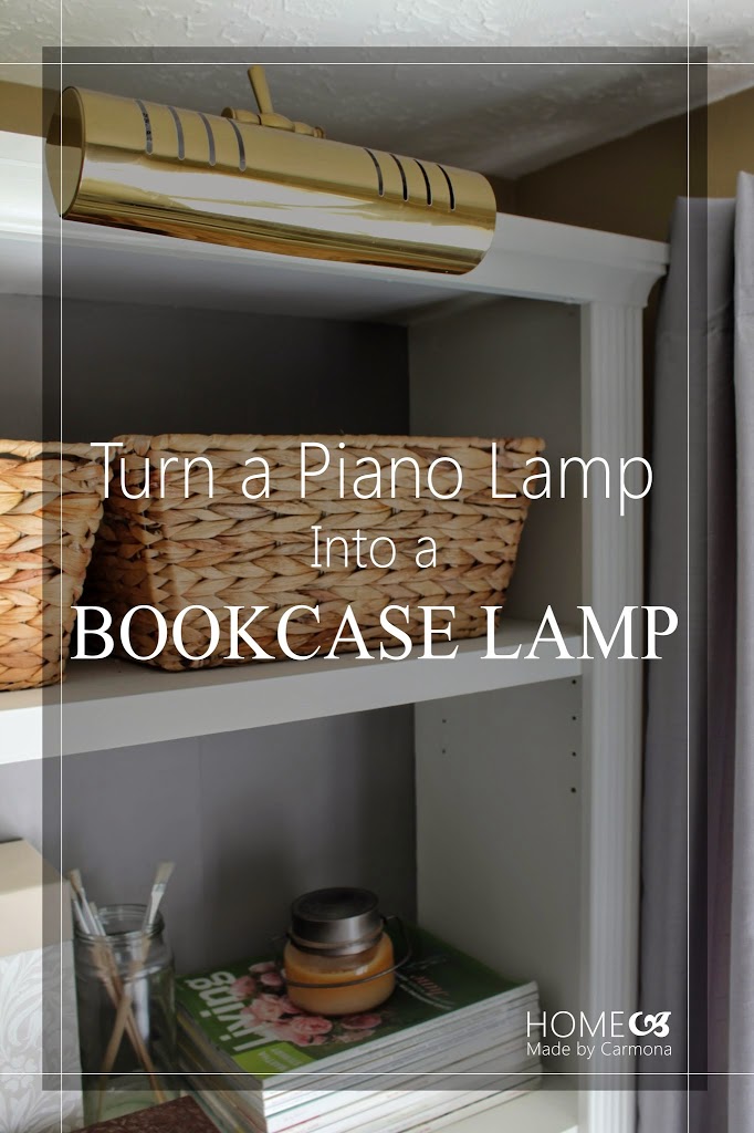 piano lamp on top of a bookshelf as a bookcase light