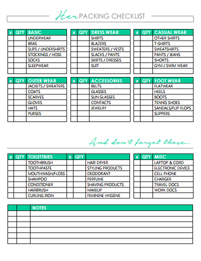 Her Packing Checklist printable - Home Made by Carmona