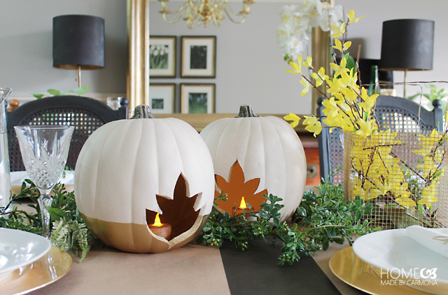 Carved pumpkin with battery operated tea light