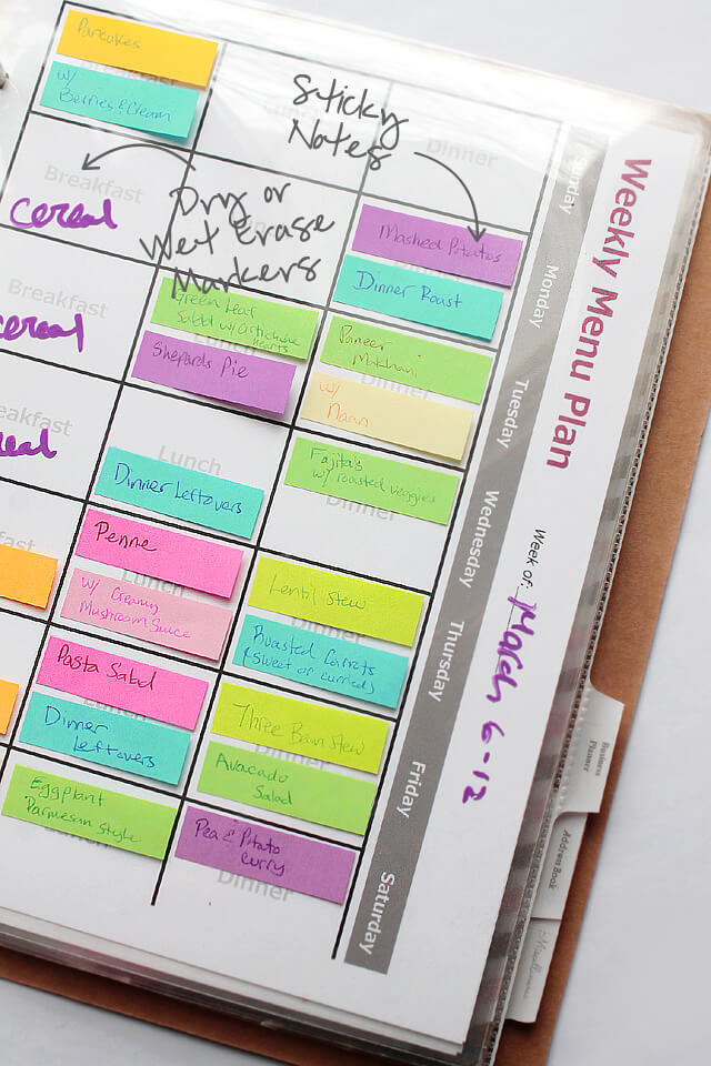 Menu Planner and idea section that uses sticky notes and markers