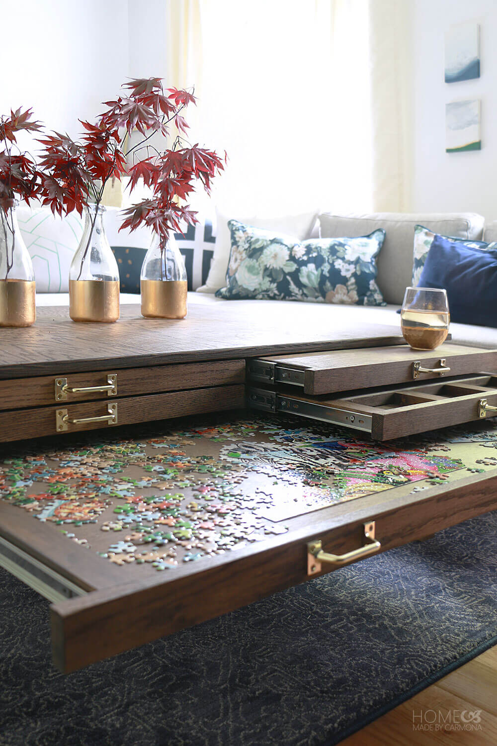 Coffee table with puzzle storage
