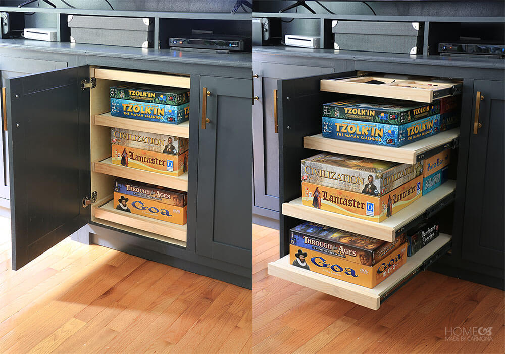 DIY cabinet pullouts with boardgames