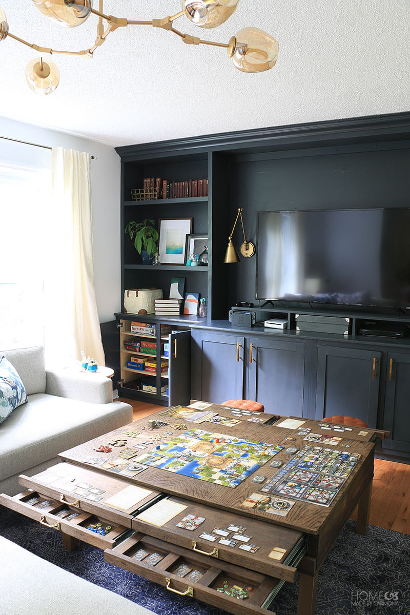 Built-in bookcases coffee table with games