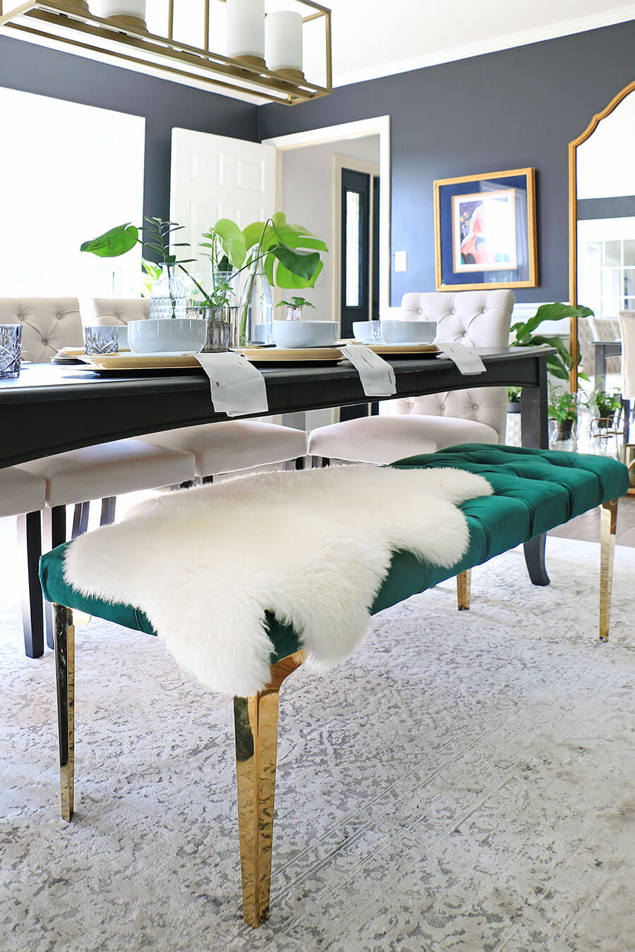 Fur covered bench in dining room
