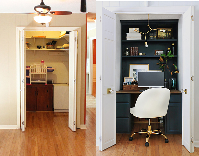 Before and after of closet office nook