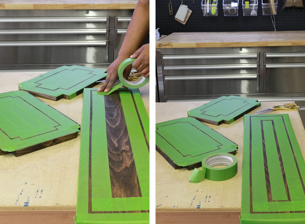 FrogTape used to create painted designs on wooden trays