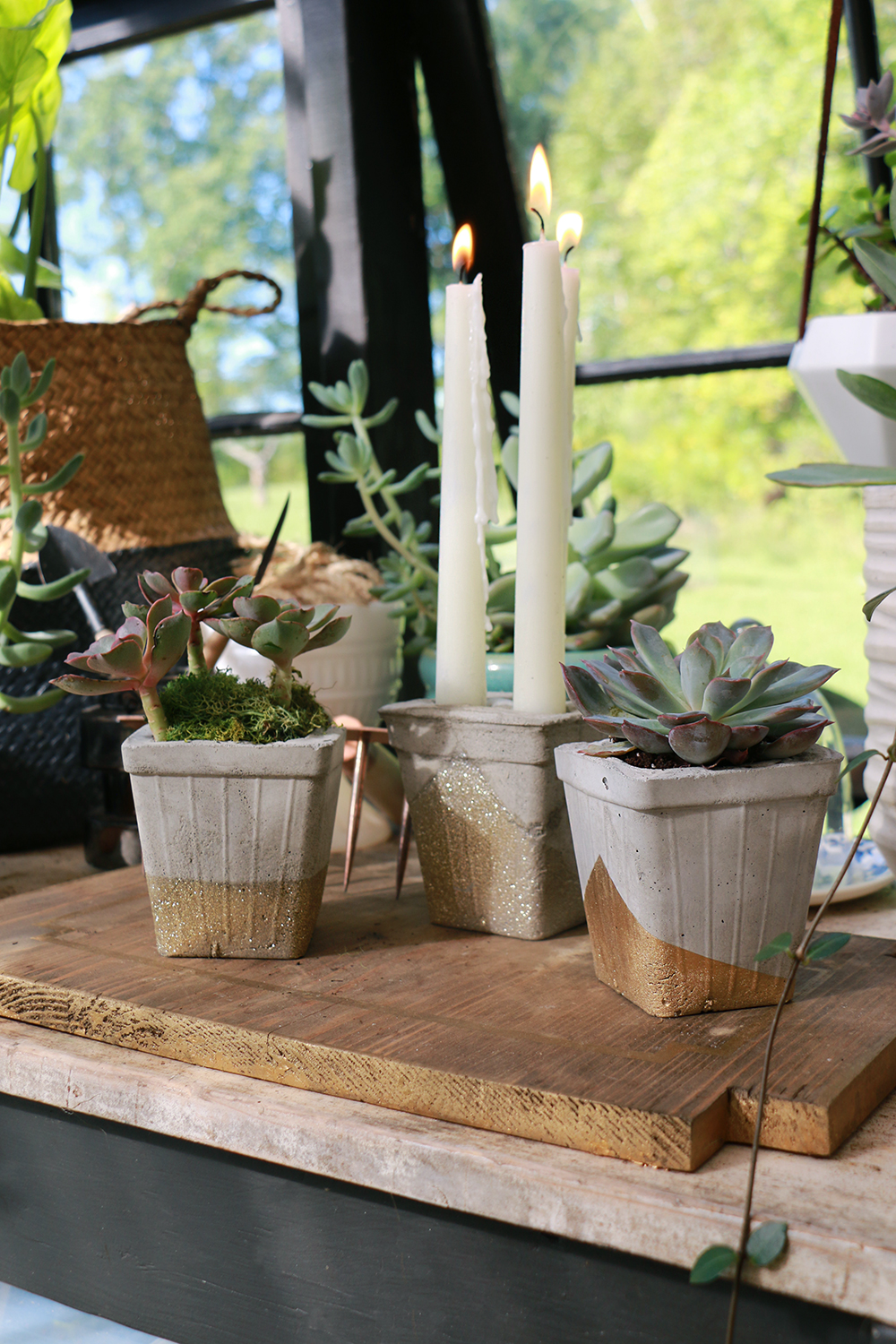 Spray paint concrete planters and candle holder