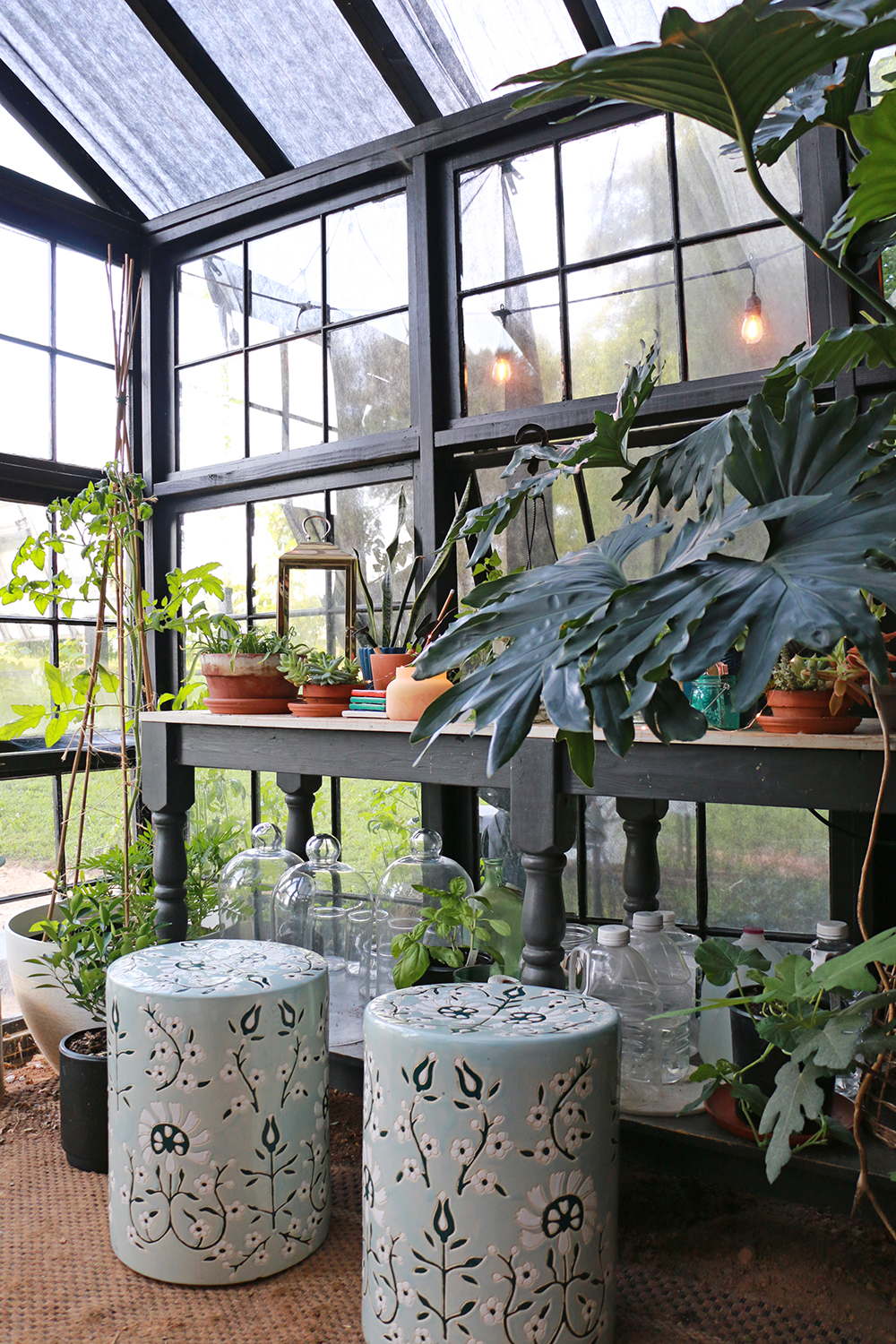 Greenhouse decorating with garden stools