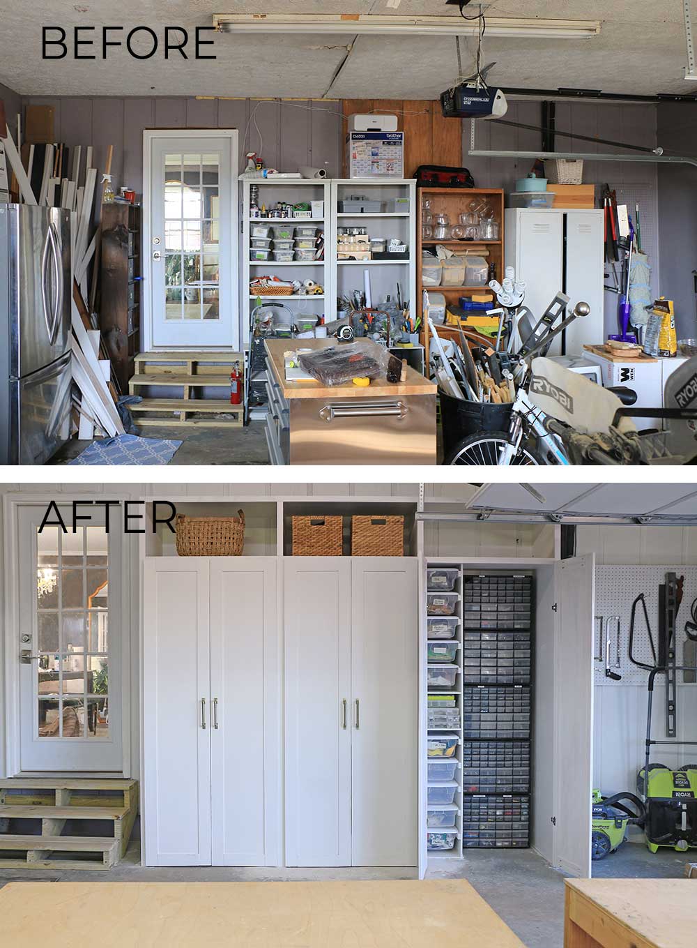 Messy garage before with hoarder tendencies and messes, and after with tidy organized space